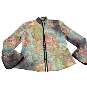 Monaco satin asian floral kimono jacket Y2k button front flare sleeve ombre boho